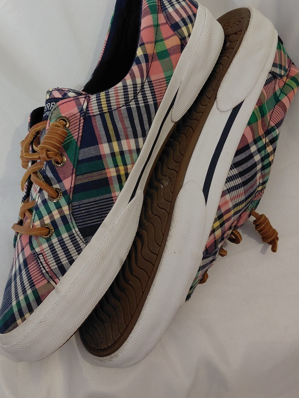 Sperry Plaid Lace-Up Sneakers in Pink, Navy & Green - Picture 8 of 11